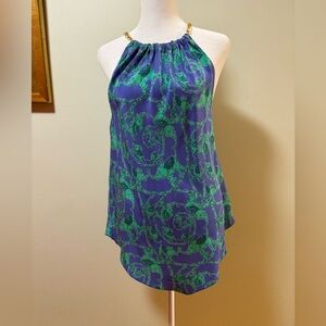 Lilly Pulitzer  cabana silk halter top blue elephants chain S